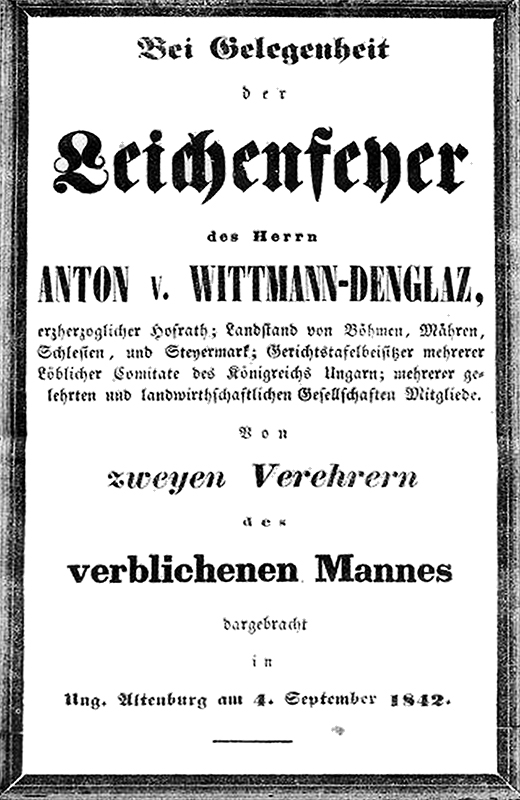 Broschüre zur Leichenfeier von Anton Wittmann von Dengláz