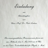 Das Einladungsblatt zur Geburtstagsfeier von Karl Lintner